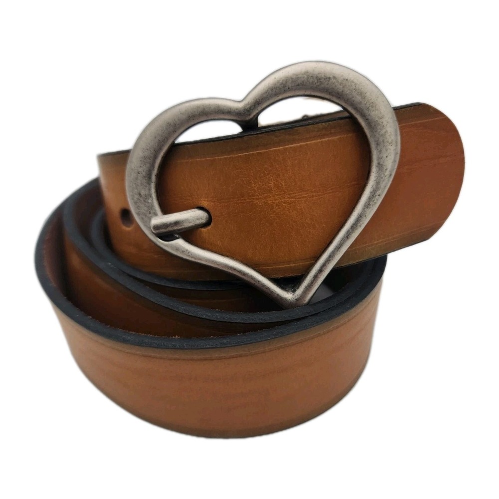 Vintage Faded Glory Heart Buckle Belt Caramel Brown Silver Tone Leather Size XL